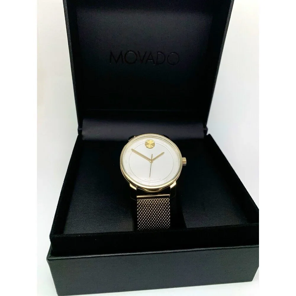 Movado Mens Watch 3601077 Bold White Dial Swiss Quartz Gold Steel 41mm Mesh Band
